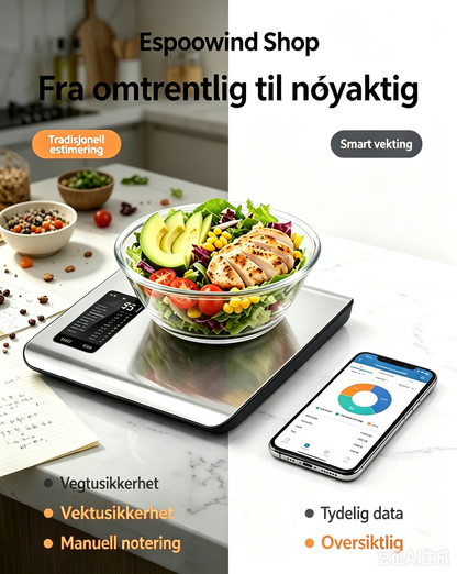⚖️📊 Digital kjøkkenvekt – måler 19 næringsverdier og kalorier via app, 5 kg rustfritt stål 🥗✅ for sunt kosthold og vekttap