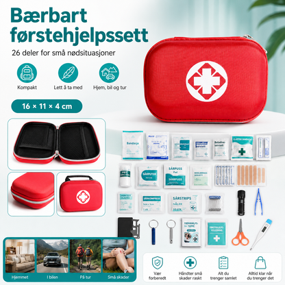 Førstehjelpssett: Bærbart førstehjelpssett til hjemmet – komplett med tilbehør | 26-delers sett
