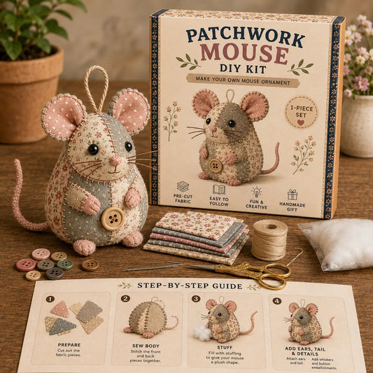 ⏳ TIDSBEGRENSET TILBUD – 50% RABATT! 🐭🧵 Patchwork-mus DIY-sett – lag din egen søte mus med enkelt syprosjekt! ✂️✨