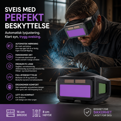 Panoramiske sveisebriller med automatisk mørkningsbeskyttelse og beskyttelse mot intenst lys
