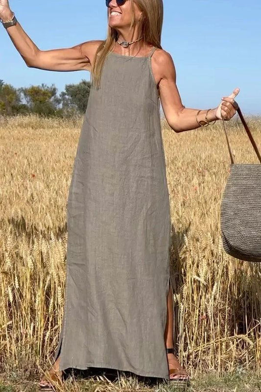 💕Begrenset tidsbegrenset tilbud 50% rabatt💕Uformell ensfarget halter ermeløs lin kjole for kvinner