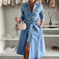 ❤️Langermet denimkjole med knappestolpe for kvinner
