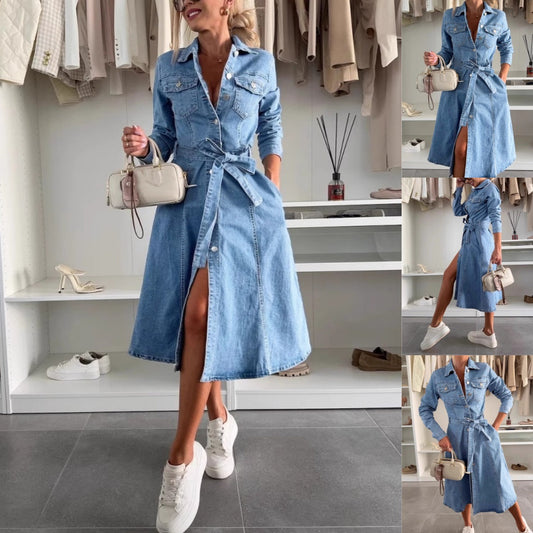 ❤️Langermet denimkjole med knappestolpe for kvinner