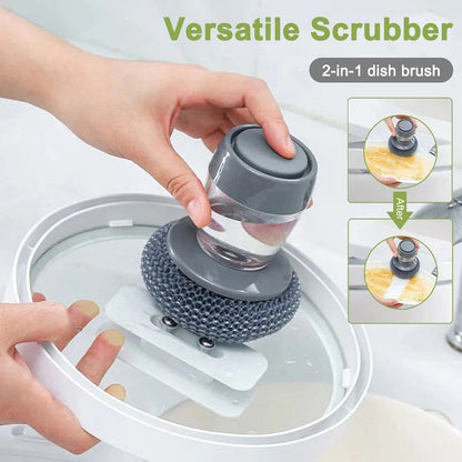 🧽 Kjøkken Såpepresser med Håndflatebørste – Innebygd Væsketank for Enkel Rengjøring! 💧 Trykk & Rengjør – Spar Såpe & Unngå Klissete Hender. 🛡️ Rustfrie Stålbuster – Fjerner Enkelt Gjenstridig Fett & Smuss.