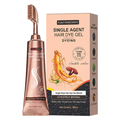 🌰 Enkeltrinns Hårfarge Gel med Innebygd Kam – Oppnå Rik Kastanjefarge Uten Søl! ✨ Med Planteekstrakter som Ginseng & Polygonum – Nærer Håret Mens Det Farger. 🧴 160ml – Holder Lenge & Falmer Ikke.