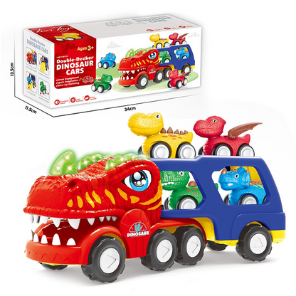 🦕 Dobbeltdekker Dinosaur Transportbil – Med Lys, Lyd & 6 Små Biler! 🚛 Foldbar Ramp for Kappkjøring – Gir Timevis med Fantasifull Lek.