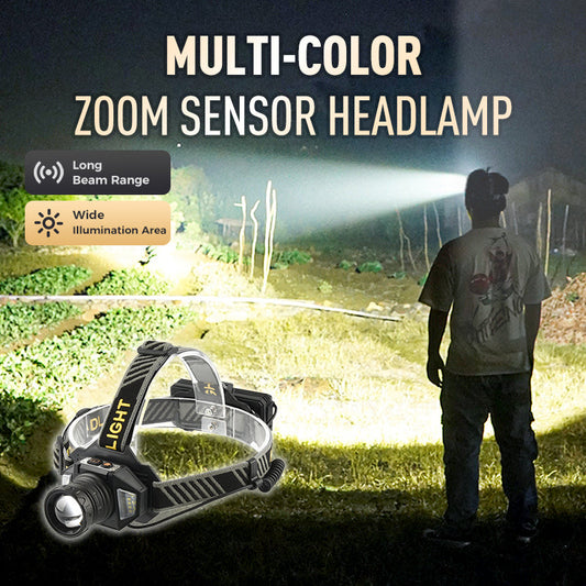 💡 Multifarge Zoom Sensor Pannelykt – 2000LM & 500m Rekkevidde! 🔦 8 Lysmoduser & Håndfri Sensor – Perfekt for Løping & Reparasjon. 🔋 5000mAh Batteri