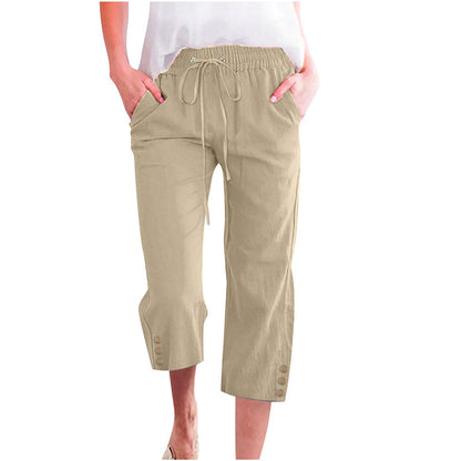 👖 Damer Ensfargede Bomull-Lin Capribukser – Justerbar Snøring & Dype Lommer! ✨ Myk & Lett – Perfekt for Hverdag & Avslapning. 🌿 6 Størrelser & 5 Farger – Kjøp 3 for 10% Ekstra Rabatt! 🛍️