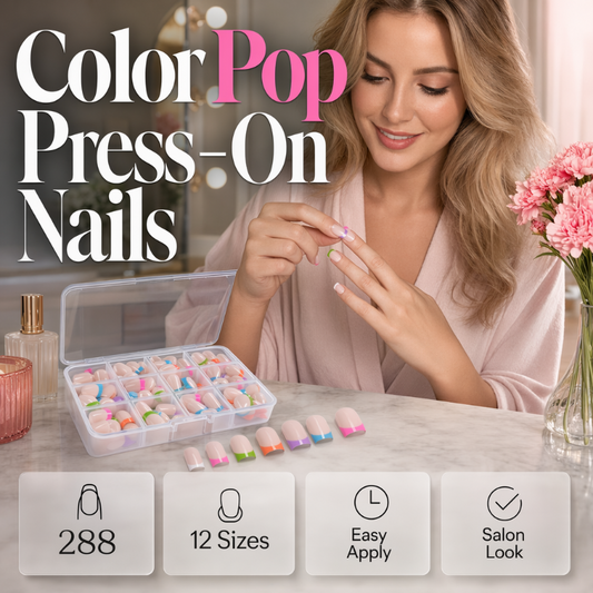 💅 288-delt Fargerike Press-On Negler – Korte Firkantede Tips & Fransk Kant! ✨ Klar På Minutter – Perfekt for Rask Stilforandring. 📦 Praktisk Oppbevaringsboks – Kjøp 3 for 10% Ekstra Rabatt! 🌈