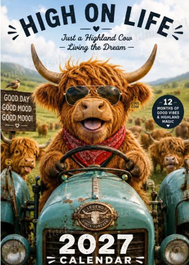 ✨️ OVERRAKSELSE – 50% RABATT! 🐮 Må 2027 bringe deg hell og lykke! 🔥 2027 morsom veggkalender med highland-ku | A4 hengende kalender |