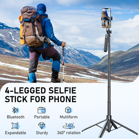 📸 50 % RABATT NÅ! 4-beint selfiestang-tripod for mobil – alt-i-ett uttrekkbar selfiestang og tripodstativ, 360° rotasjon med Bluetooth-fjernkontroll, bærbar mobilholder for reise, vlogging og utendørs opptak