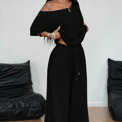 Damesett med off-shoulder topp og bukse – 2 deler