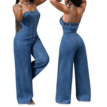 🎉 2026 SALG — Over 34 000 solgt! 👖 Denim-kjeledress med spaghetti-stropper og brede ben – høy midje, forlenger silhuetten umiddelbart! ✨