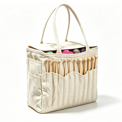 🎉 HETTSALG – 50 % RABATT 💞🔥 Oppbevaringsbag i lerret for garn med lommer til strikkepinner