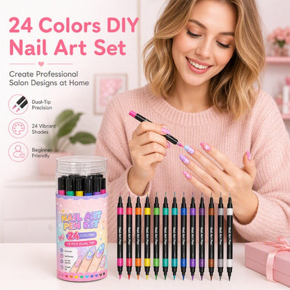 💅 Dobbeltsidig pennsett for neglekunst | 24 livlige farger 🎨 | Presise strøk og jevn fylling ✨ | Ideelt for hjemmemanikyr 💖