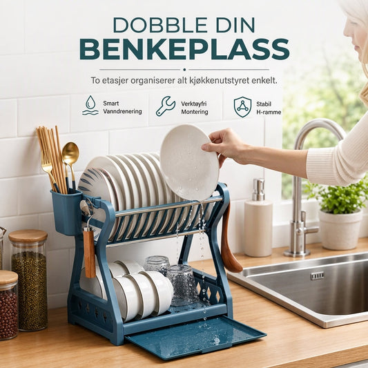 🍽️💧50% RABATT NÅ! Tørkestativ for oppvask i flerlagsstål – 2-lags vertikal oppvasklagring med dryppbrett og bestikkholder, verktøysfri montering for kjøkkenbenken