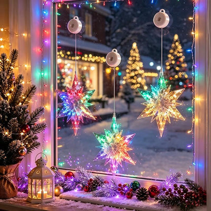 🎄❄️ Gjør-det-selv-julesnøfnugg med sugekopper og LED-lys ✨ | Batteridrevet, varmt lys i flere farger, vinduslys med sugekopper, julepynt til hjemmet og festen